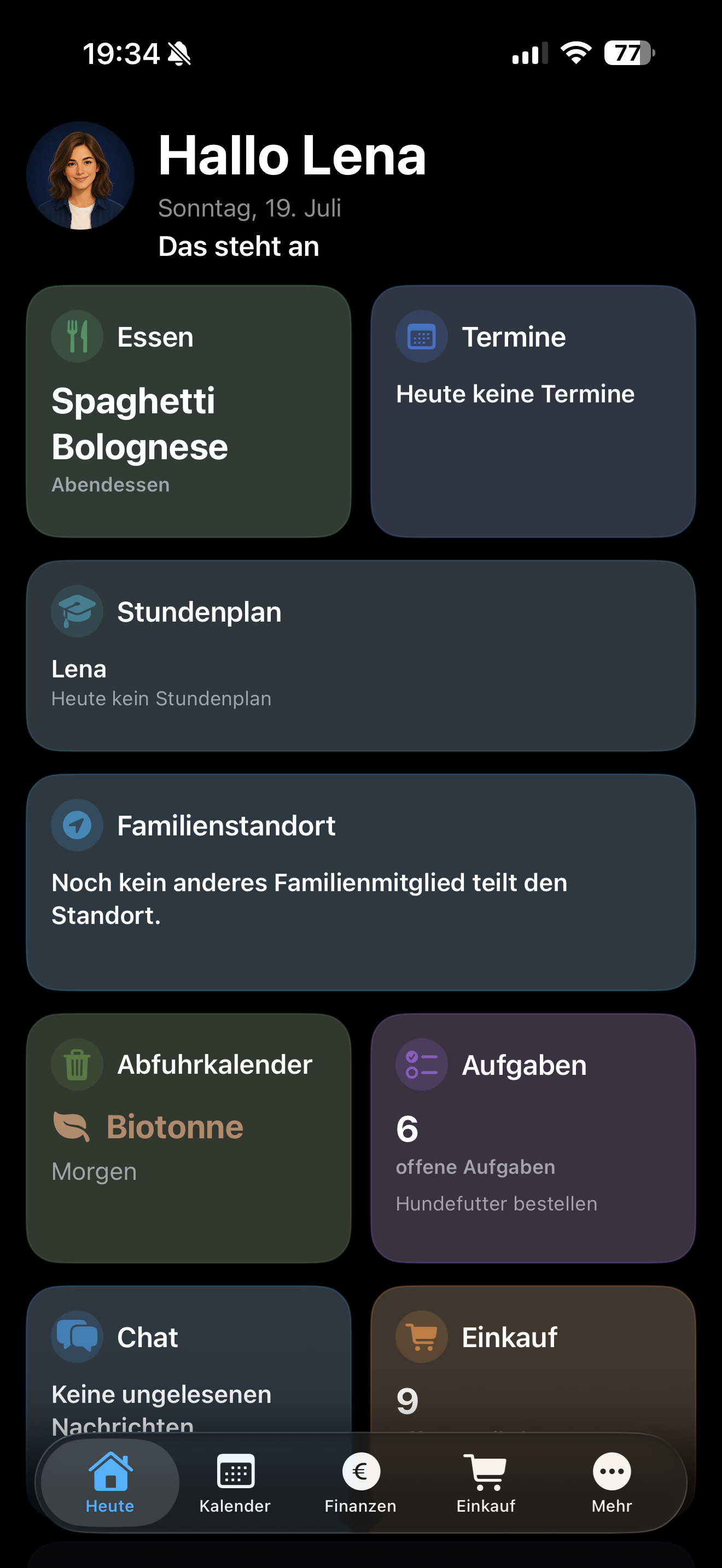 Dashboard von Haushaltsplaner mit Begrüßung und Übersicht für den Tag